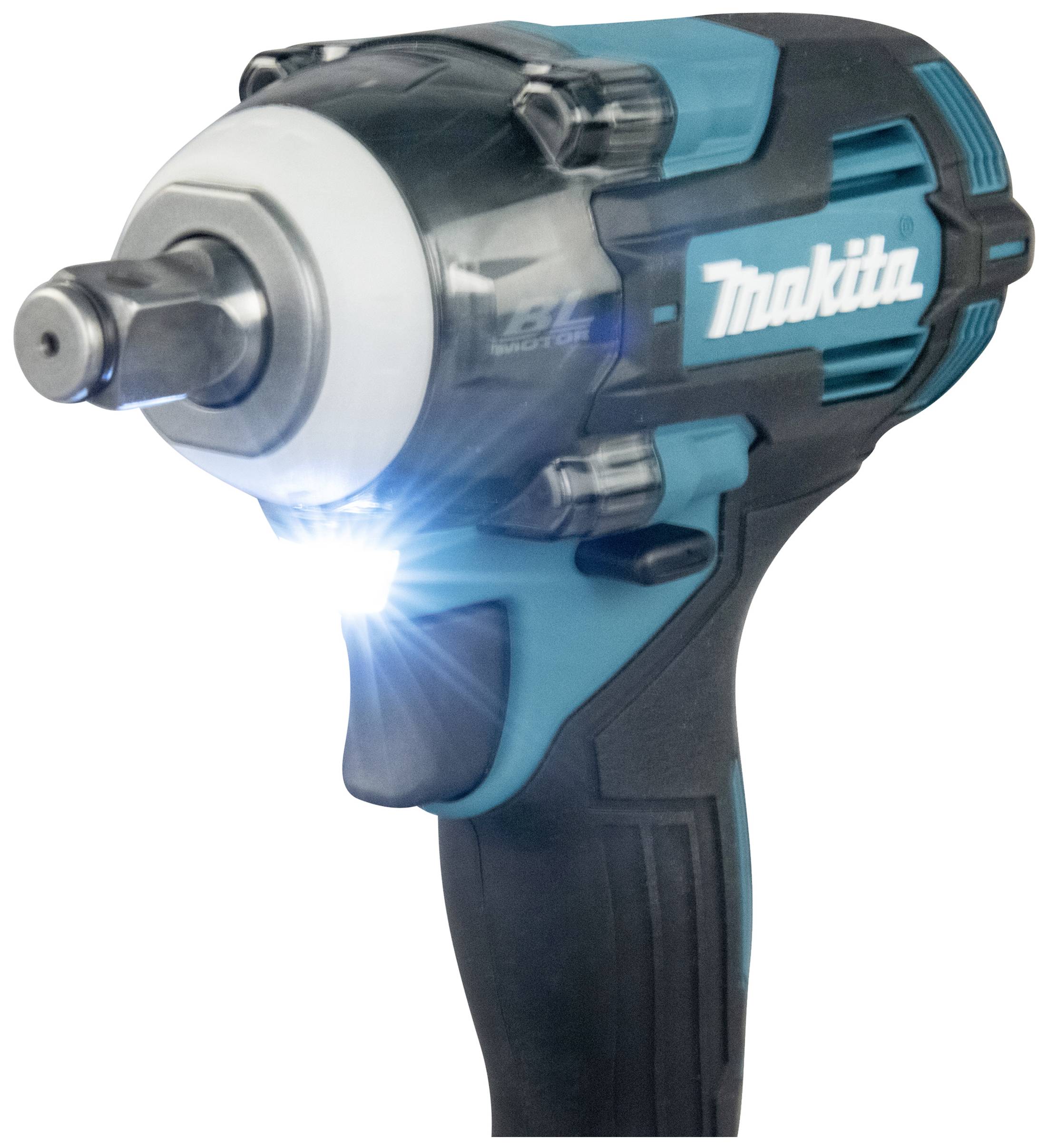 Cordless drill with blue-black casing and LED light.