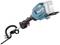 A blue, cordless Makita lawn trimmer with an ergonomic handle and a transparent battery compartment on the top.