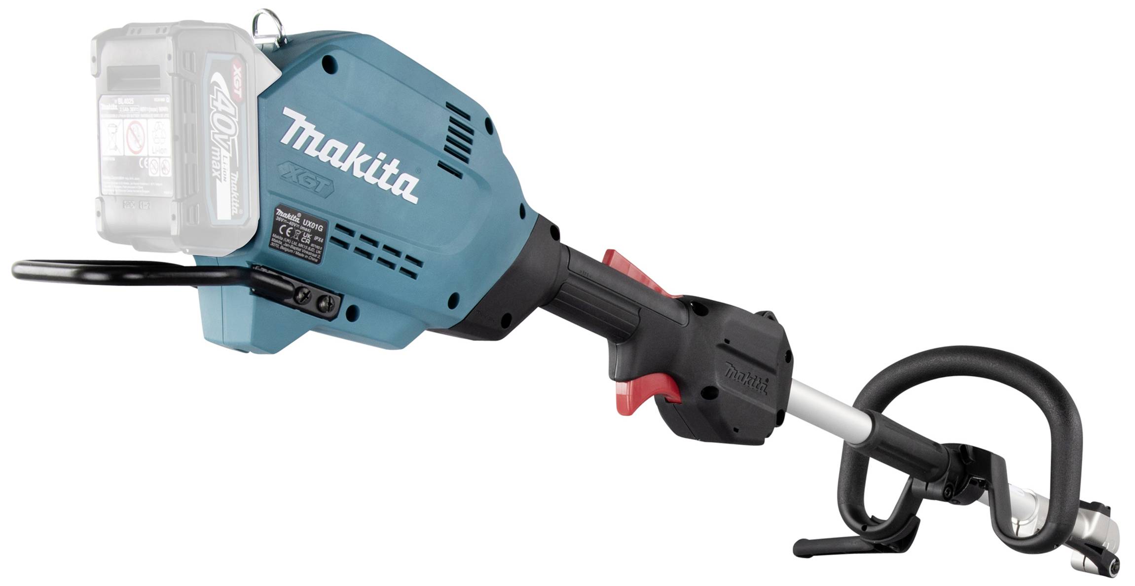A blue Makita cordless trimmer with a black handle and red safety switch, ideal for garden maintenance.