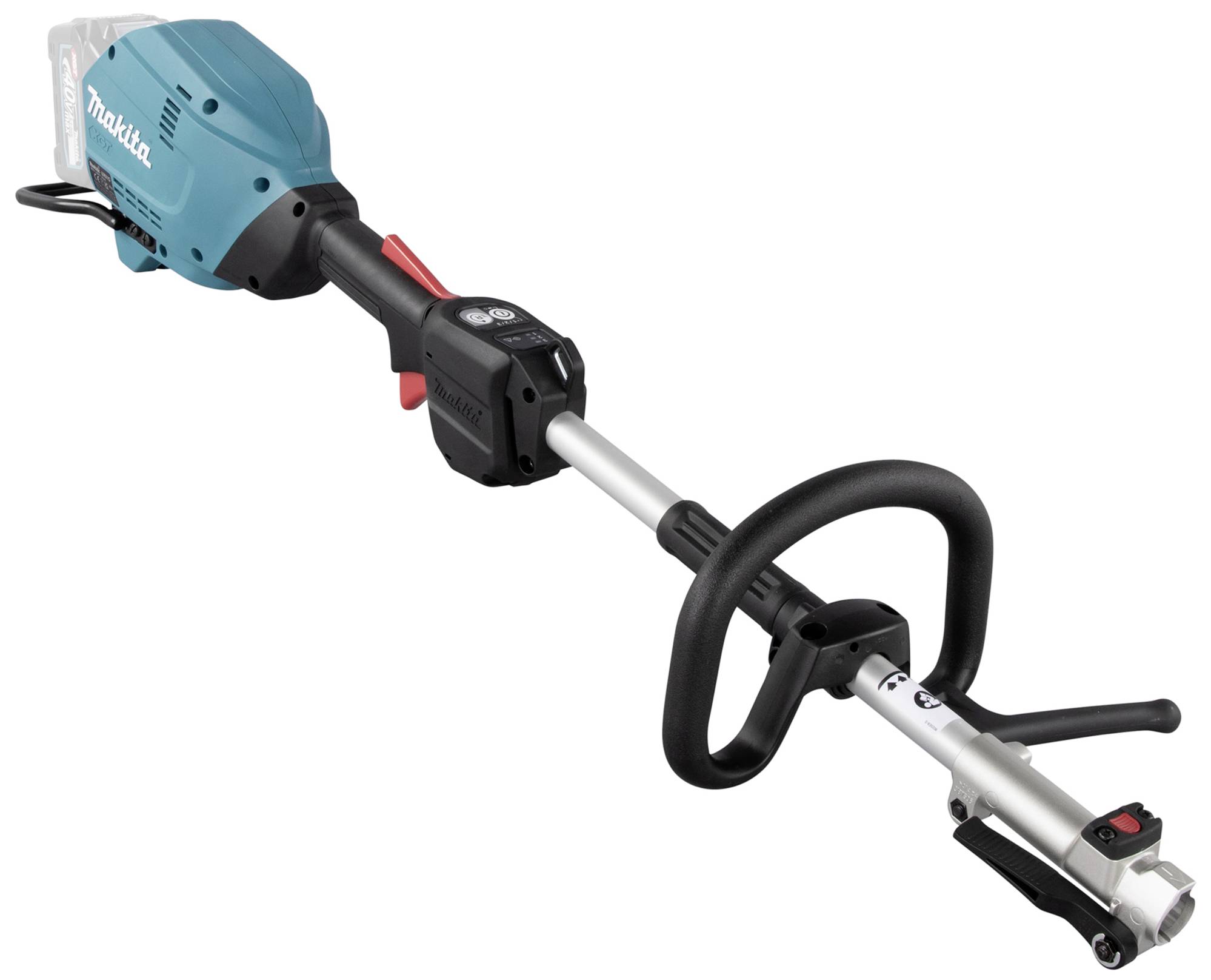 A battery-powered multi-function tool with a blue casing and removable handle, suitable for various gardening tasks.