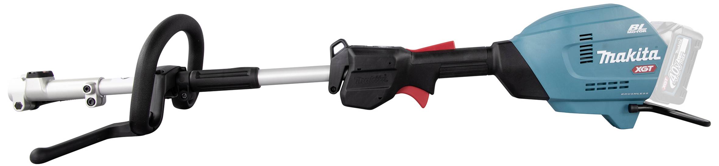 Blue, battery-powered trimmer by Makita with an ergonomic handle and silver cutting bar. Suitable for garden maintenance.