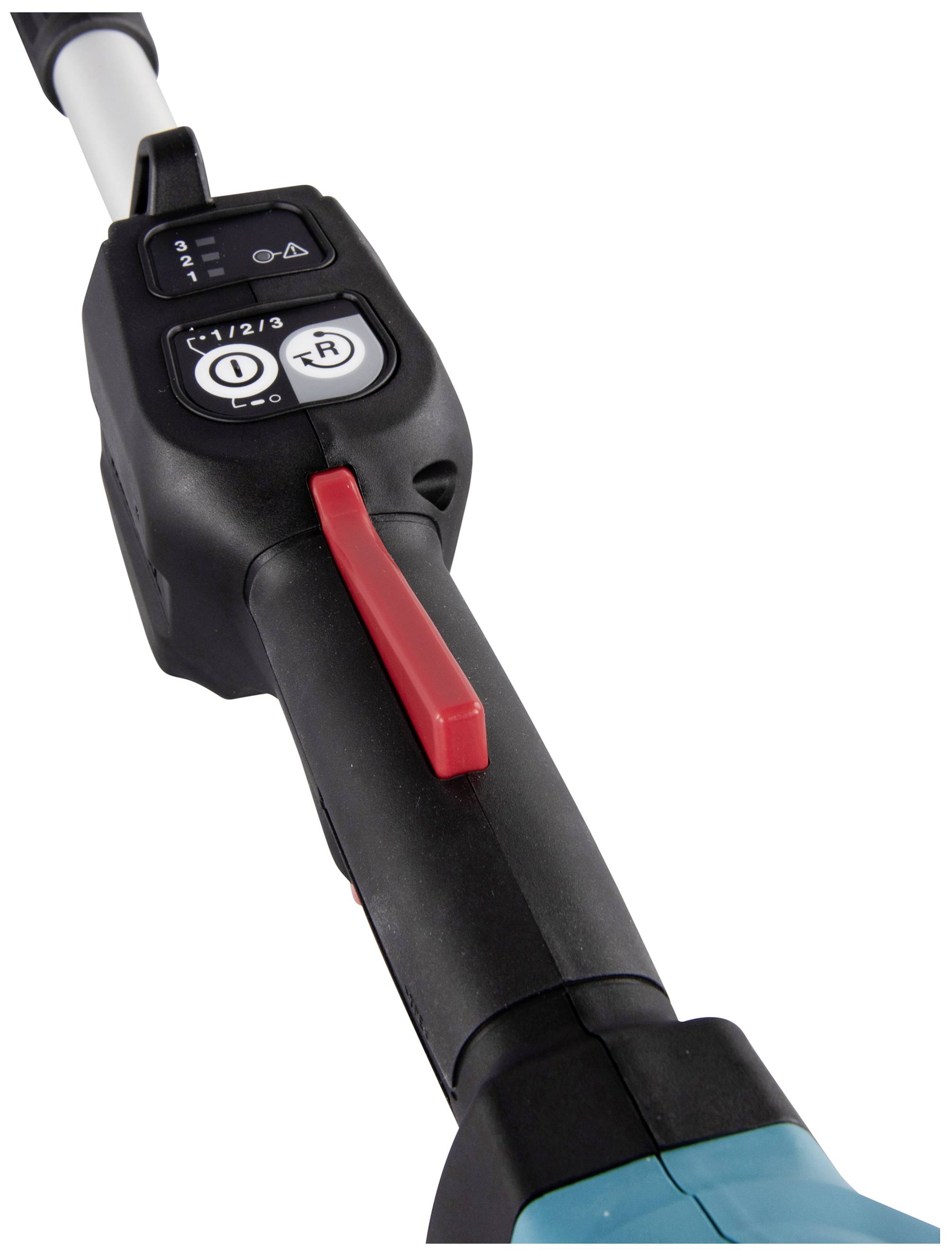 Close-up of a black and red control lever with operating buttons on a garden tool.