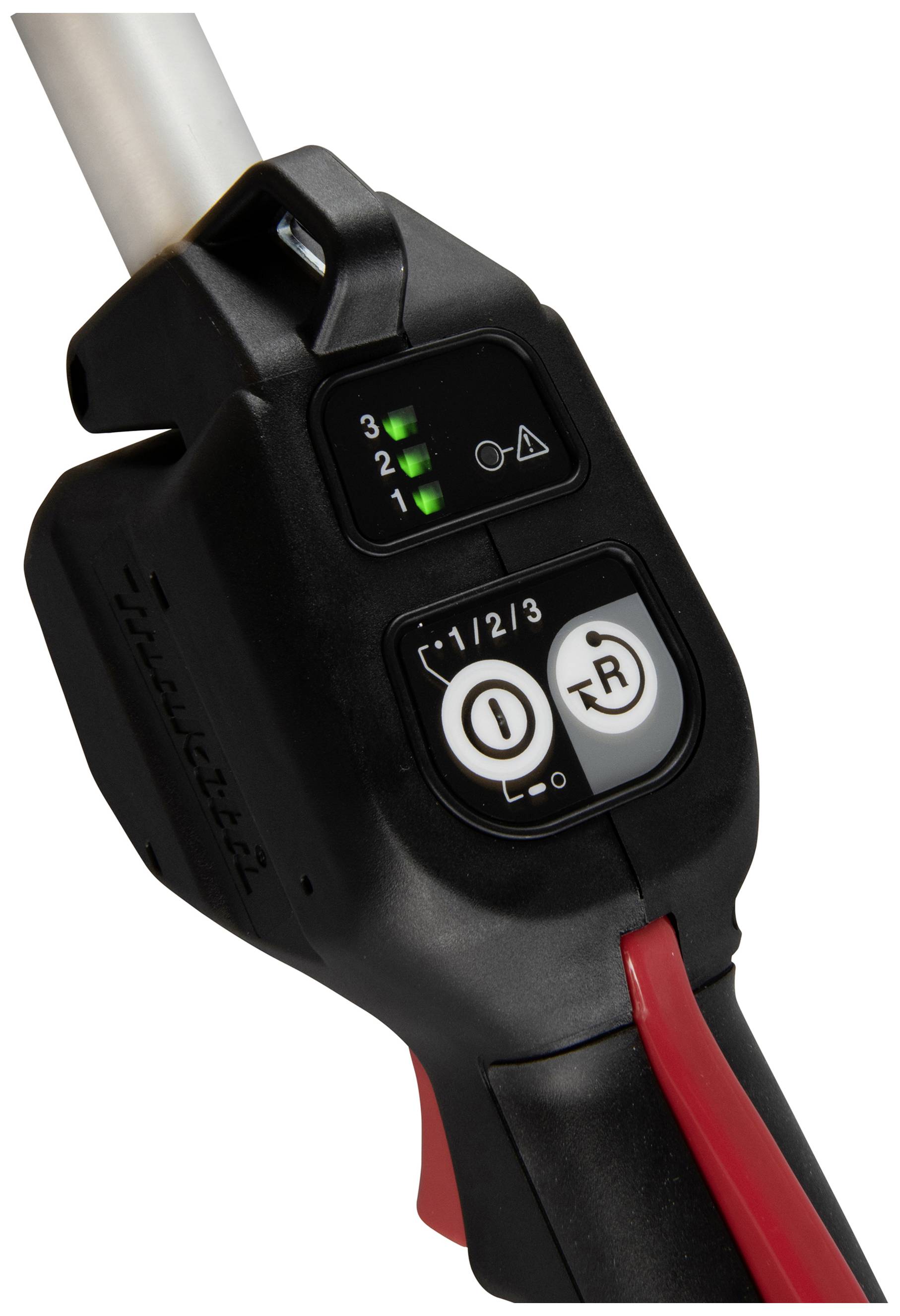 Close-up of a black device handle with control buttons, including an on-off switch and a three-stage speed adjustment dial.