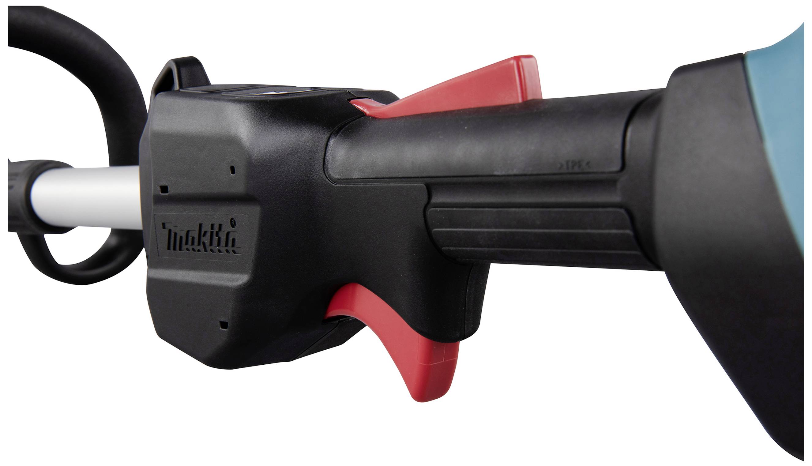 Close-up of a hedge trimmer control unit with a red switch and a black handle.