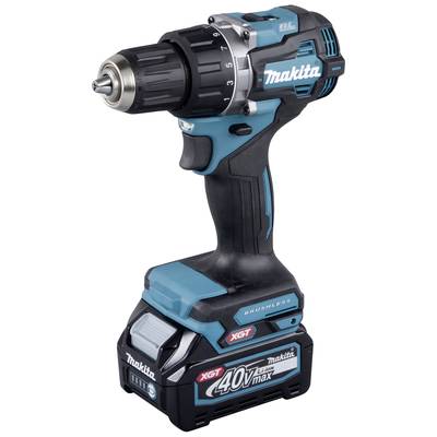Cordless drill driver with blue-black casing, silver chuck, and adjustable torque. Brand name and power rating are visible.