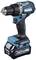 Cordless drill driver with blue-black casing, silver chuck, and adjustable torque. Brand name and power rating are visible.