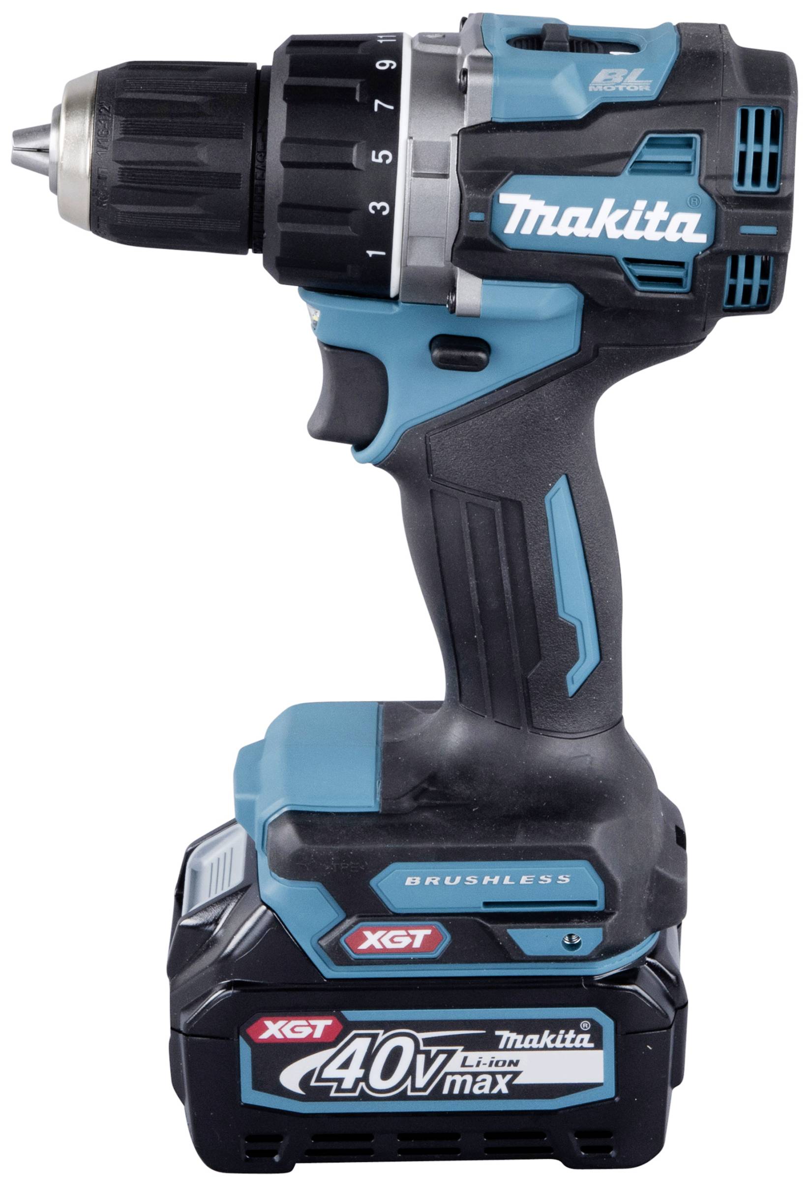 A cordless drill in turquoise and black with a 40V Li-Ion battery, suitable for powerful drilling and screwdriving.