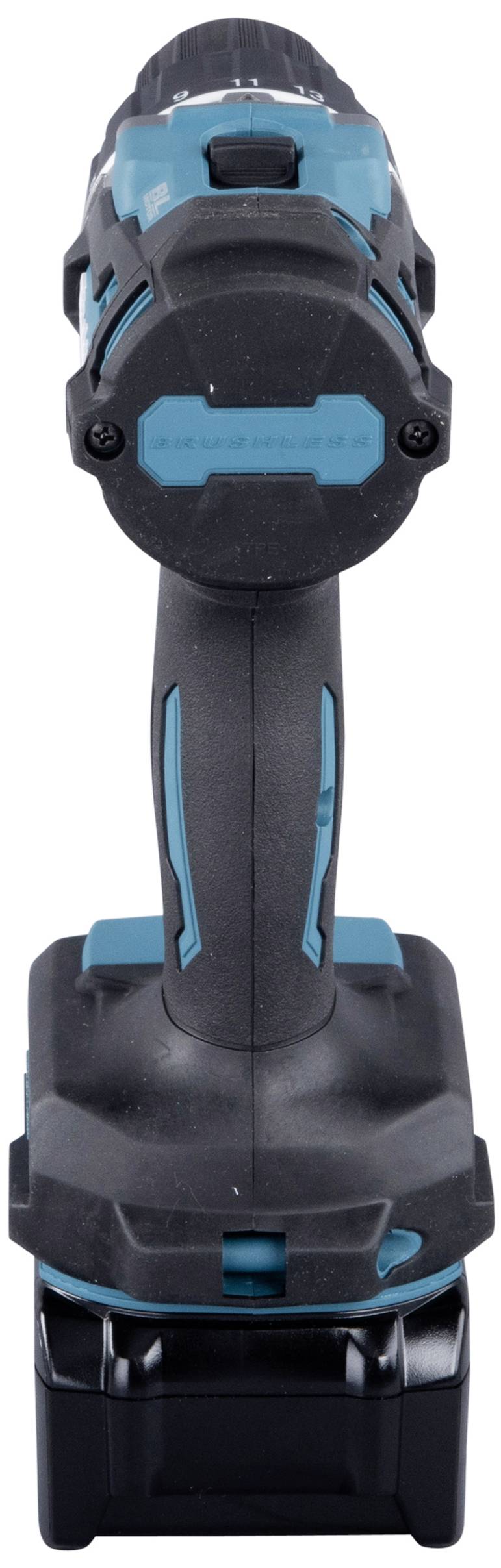 A black cordless drill with blue accents, pictured head-on with a clearly visible battery pack at the bottom.