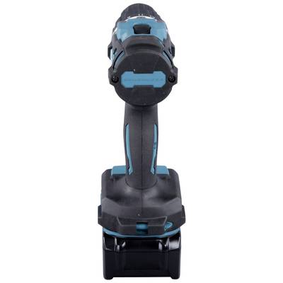 A black cordless drill with blue accents, pictured head-on with a clearly visible battery pack at the bottom.