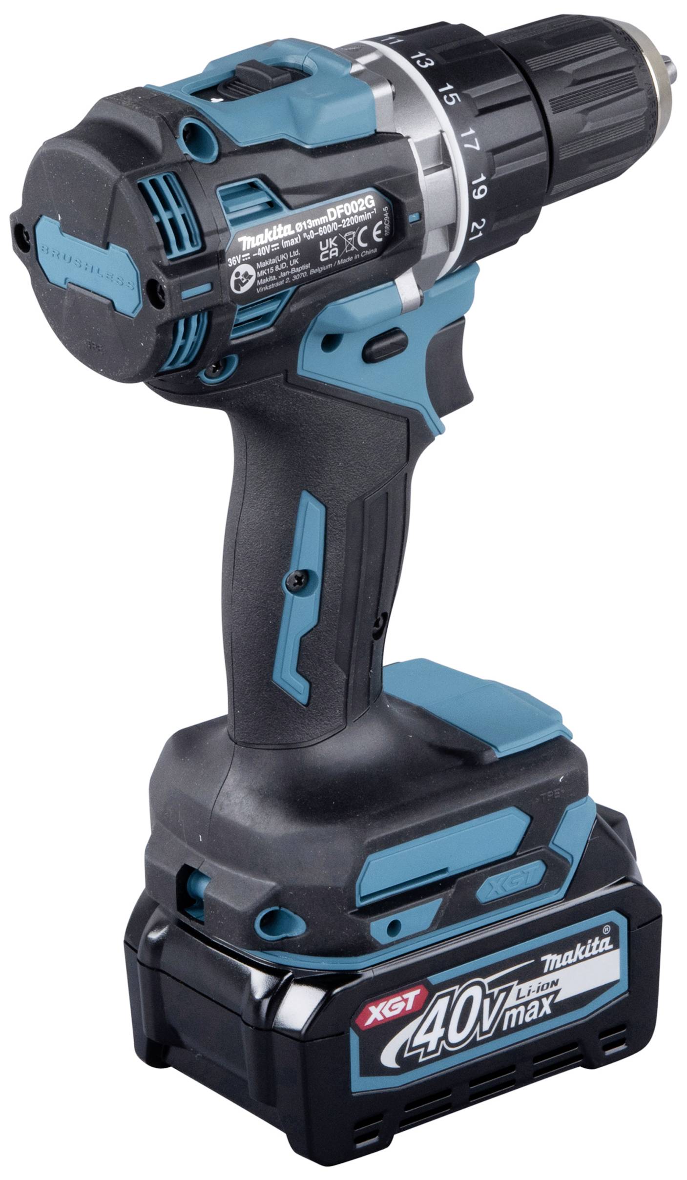 A cordless drill driver with a 40V battery. The drill has a robust design with blue and black elements.