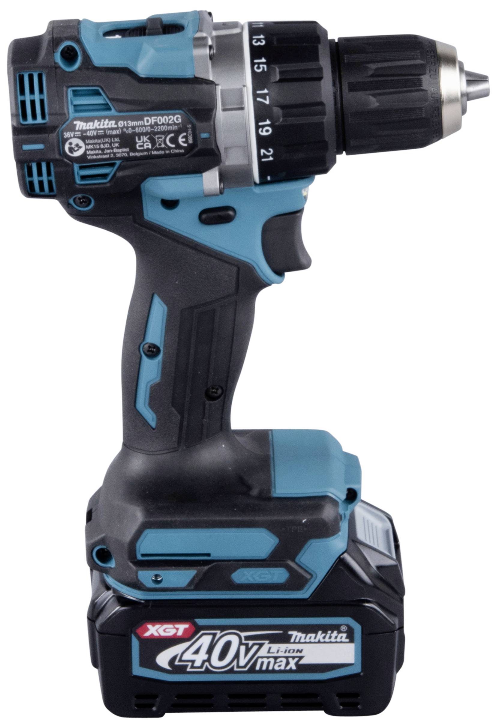 A blue Makita cordless drill with black and grey accents, XGT 40V max model, stands upright on a white surface.