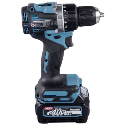 A blue Makita cordless drill with black and grey accents, XGT 40V max model, stands upright on a white surface.