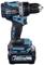 A blue Makita cordless drill with black and grey accents, XGT 40V max model, stands upright on a white surface.