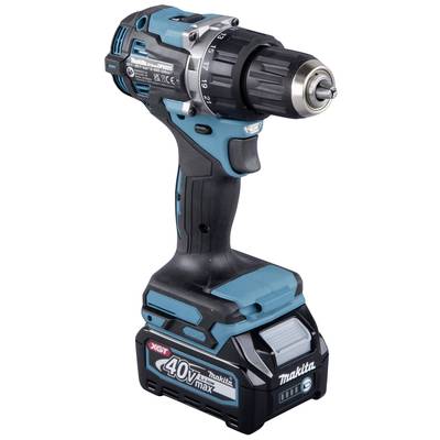 A navy blue-black cordless battery drill by Makita, Model XGT 40V MAX, with an ergonomic handle and torque control.
