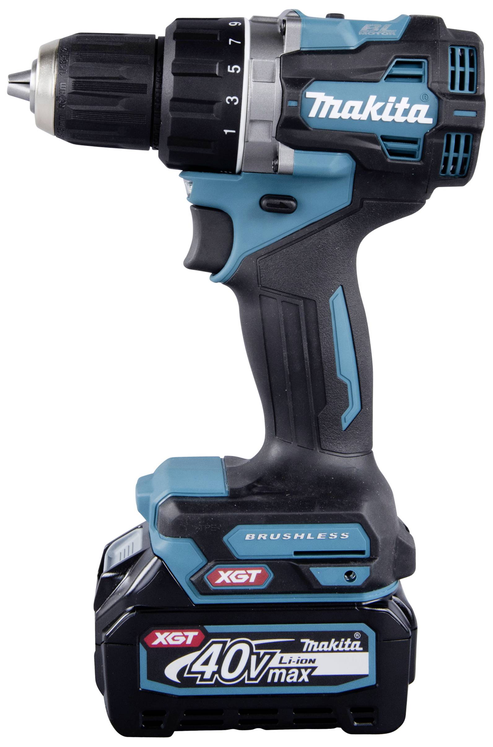 A cordless drill driver with a blue and black casing, 40V battery. Suitable for heavy-duty drilling work.