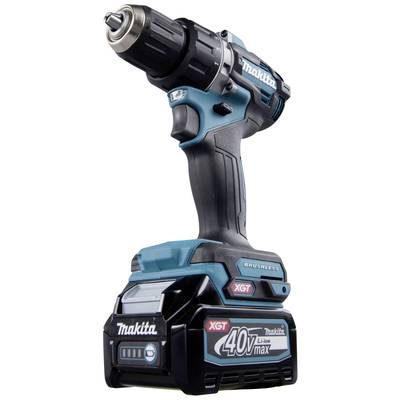 Black and blue cordless drill, 'Makita XGT 40V max' model, standing upright.