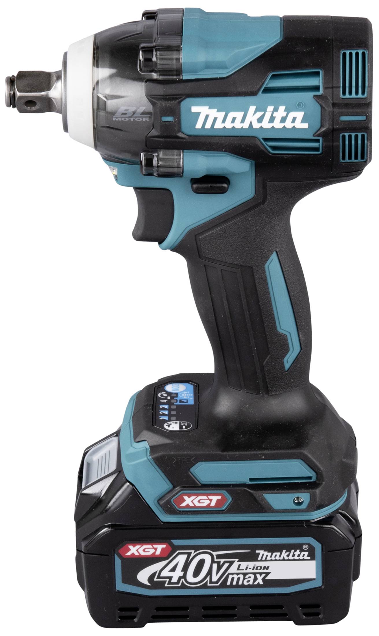 A cordless drill with a 'Makita' logo on the upper section; black and turquoise design; 'XGT 40V max' label on the battery.