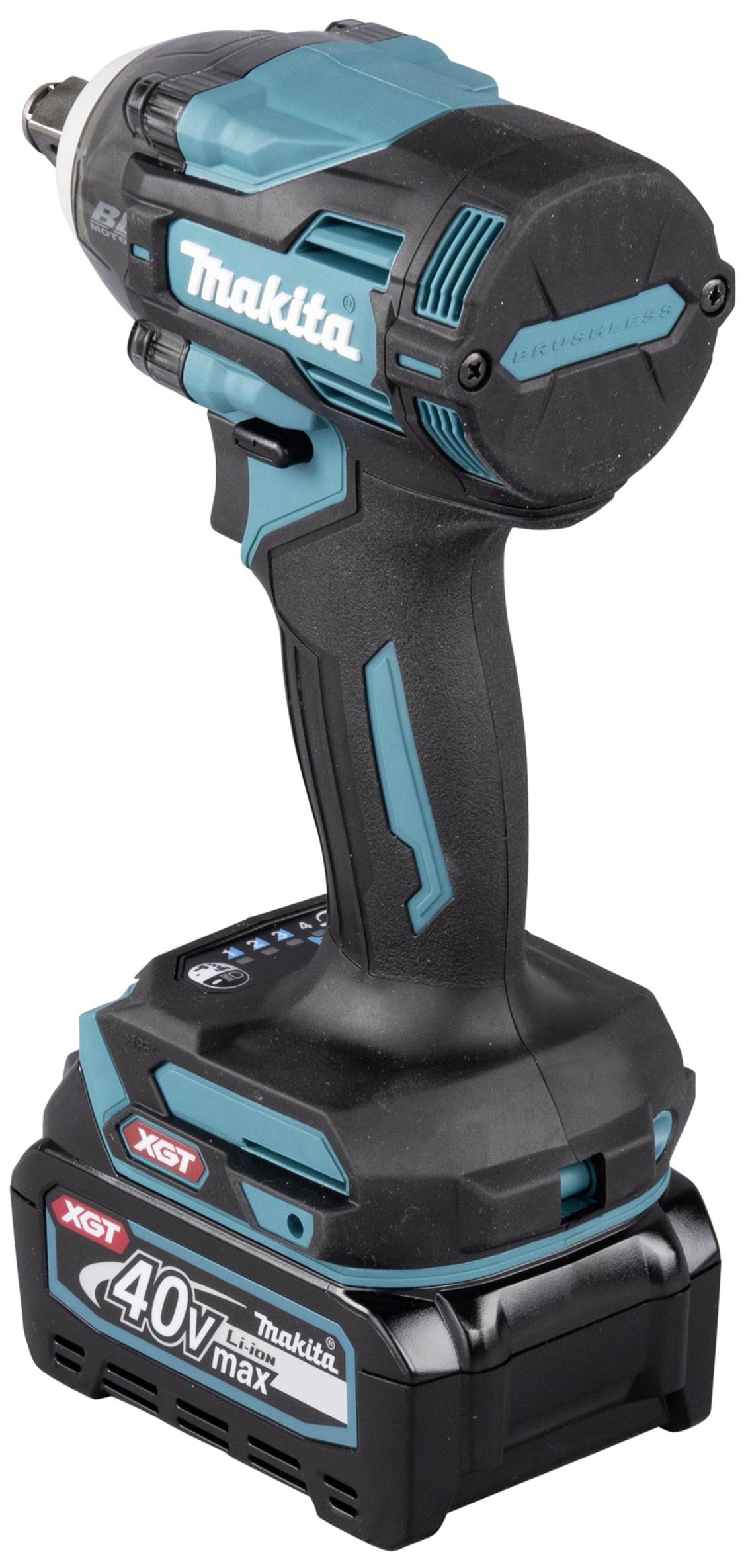 Battery impact driver with blue-black design, 'Makita' logo and 40V Max Power XGT battery. Suitable for professional use.