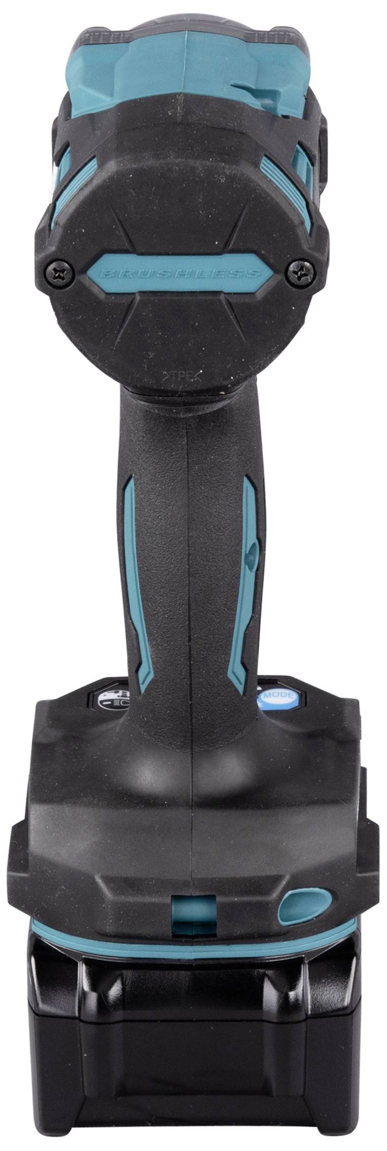 A black, battery-powered screwdriver with blue accents. The front of the device is visible, showing the handle and charging unit.