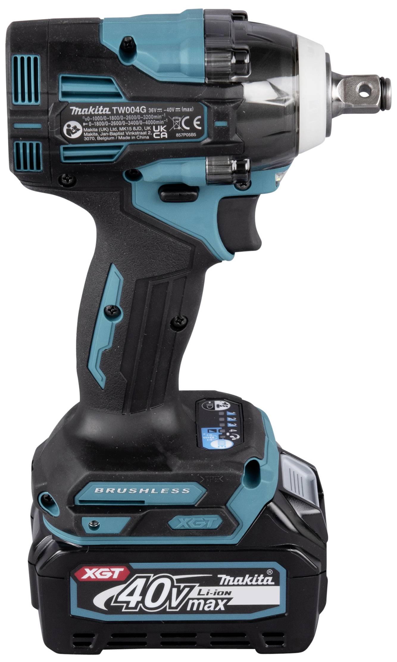Cordless impact driver with blue-black housing, 40V Li-Ion battery and brushless motor. Markings on the side.