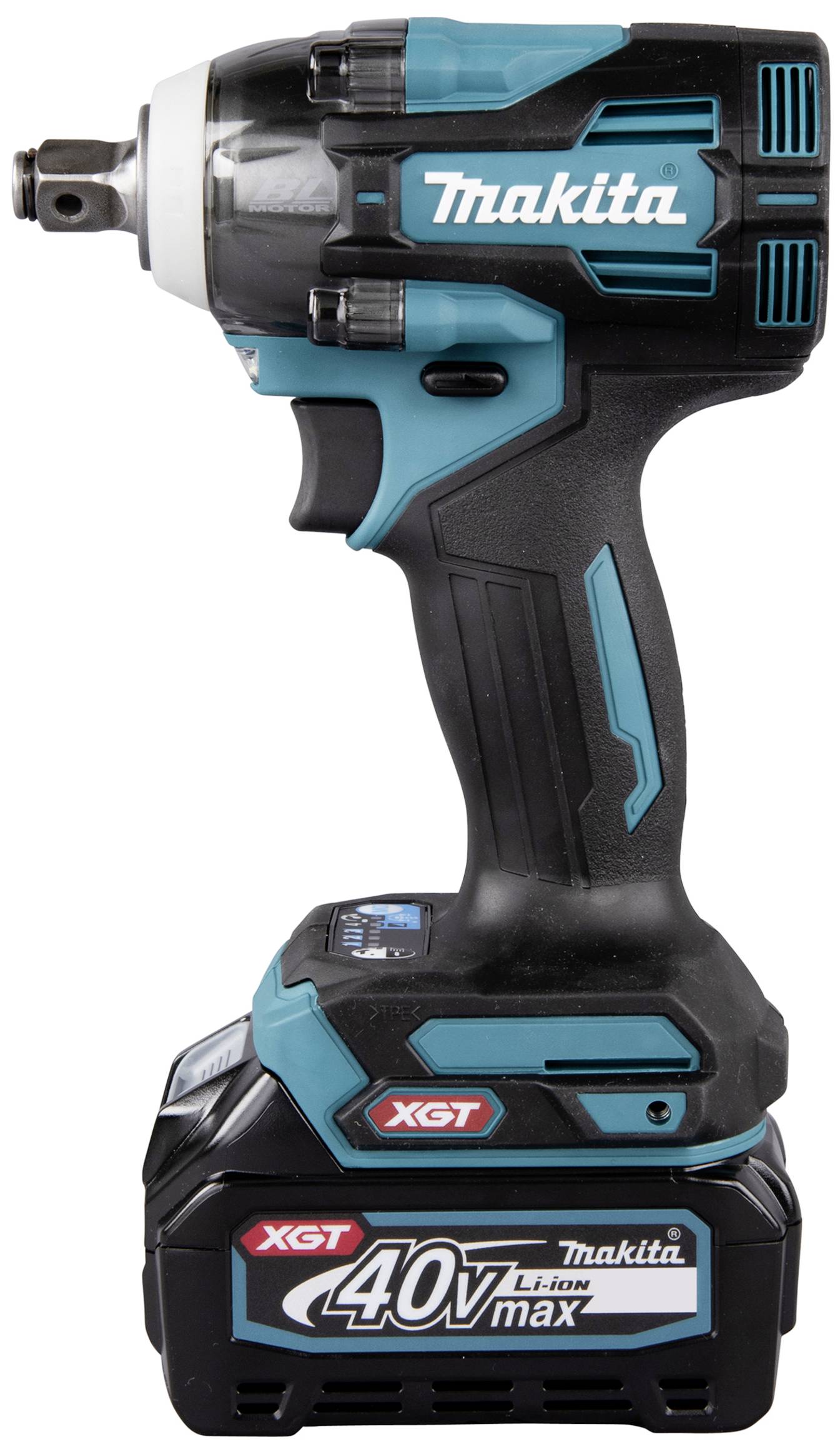 Black and blue cordless impact driver with 'Makita' logo. 40V Li-Ion battery, XGT model, compact design for versatile use.