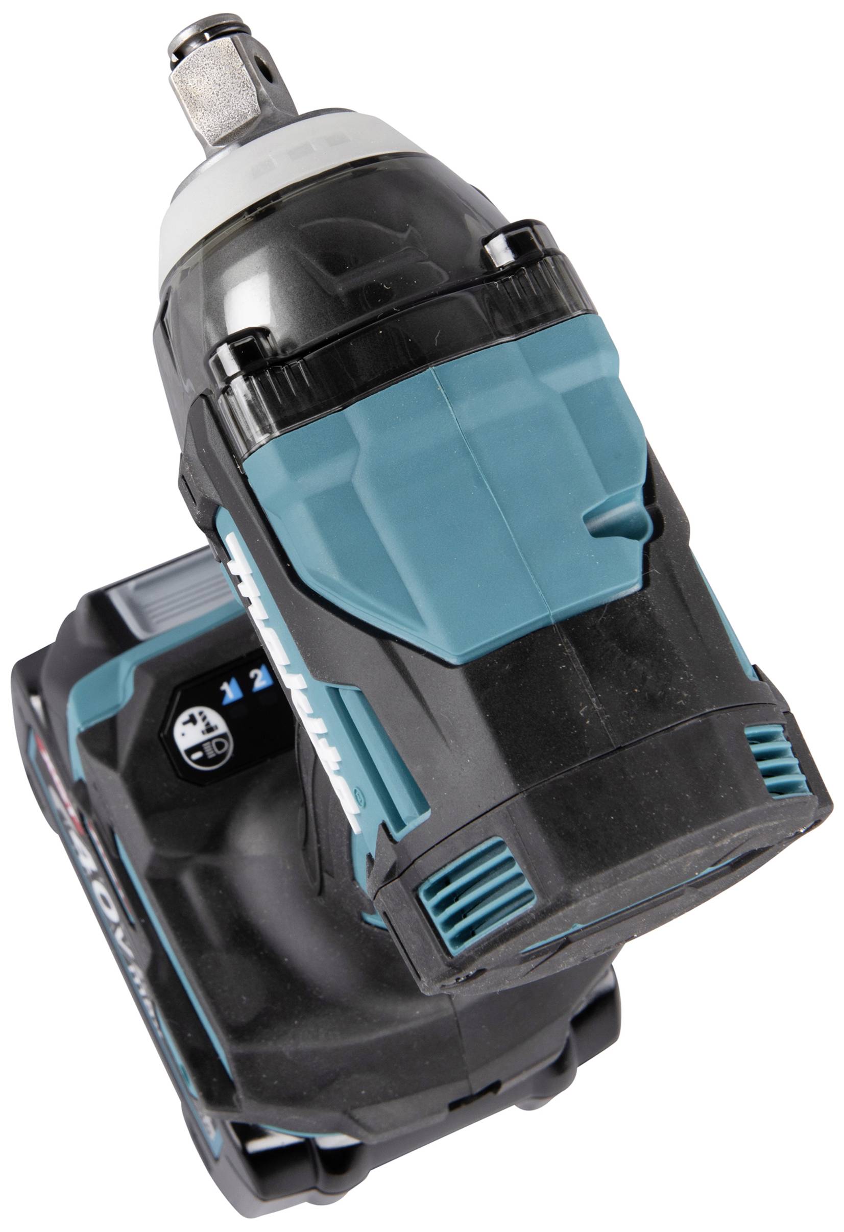 Cordless drill from an angled perspective. Compact design with blue-black casing. Suitable for DIY and construction projects.