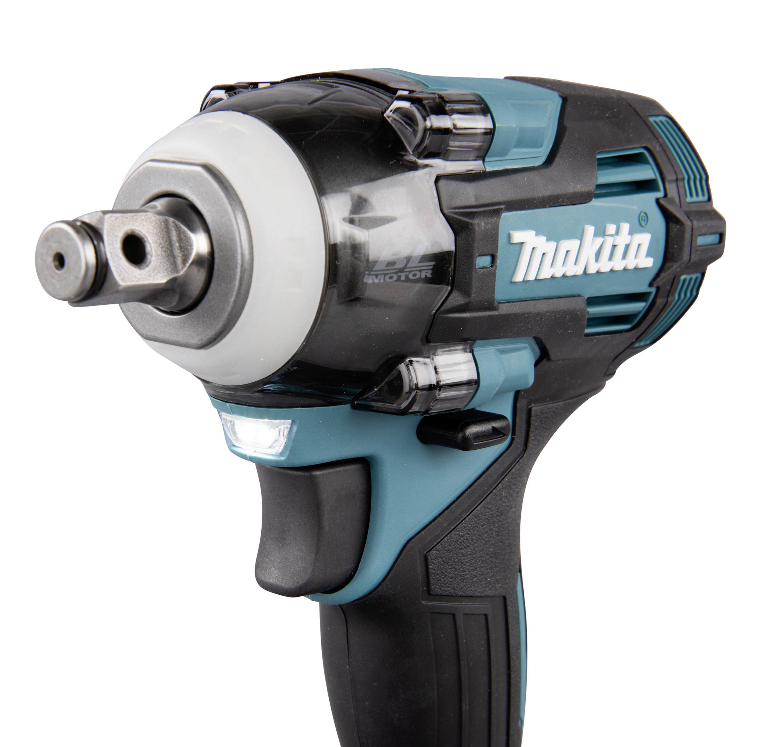 A blue and black Makita cordless impact driver with a silver drill head.