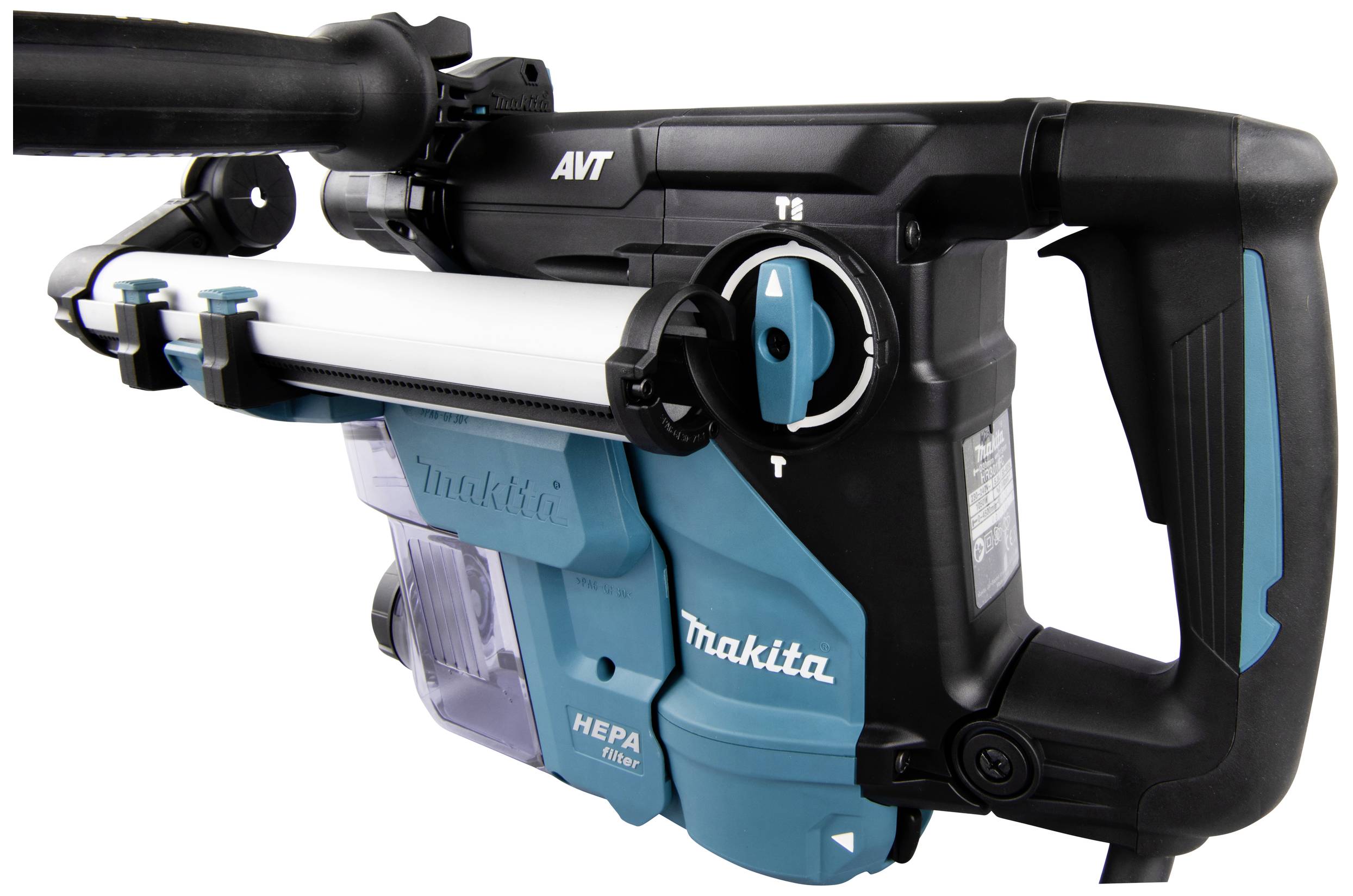 Makita cordless hammer drill with anti-vibration technology and HEPA filter, pictured from the side.