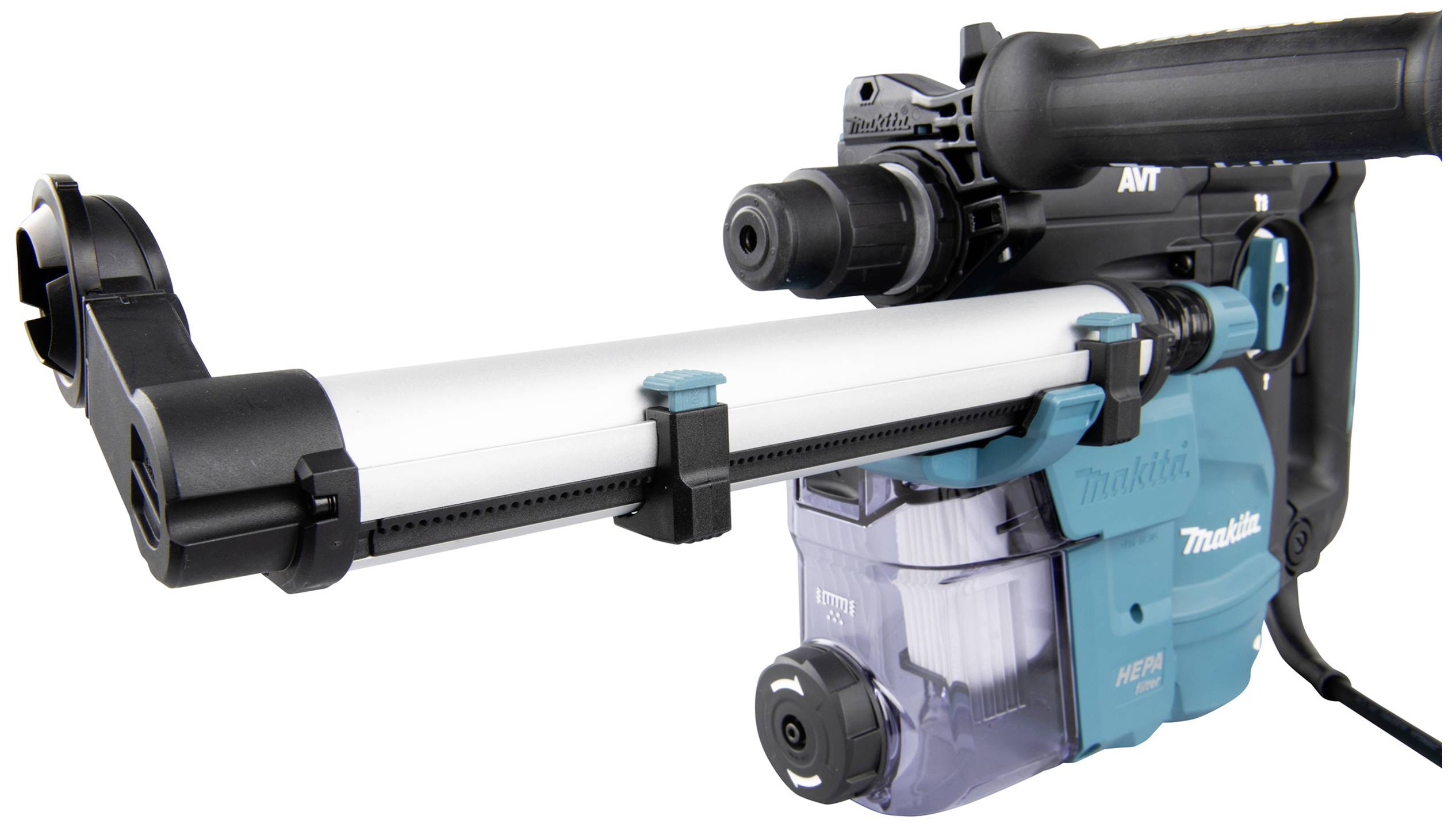 An electric drill hammer with dust extraction. Distinctive design with blue and black casing, suitable for construction work.