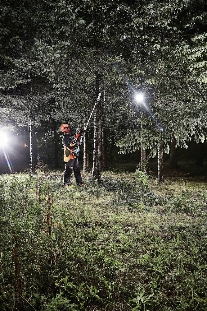 A person in protective clothing is using a chainsaw to fell a tree in the forest at night. Floodlights illuminate the scene.
