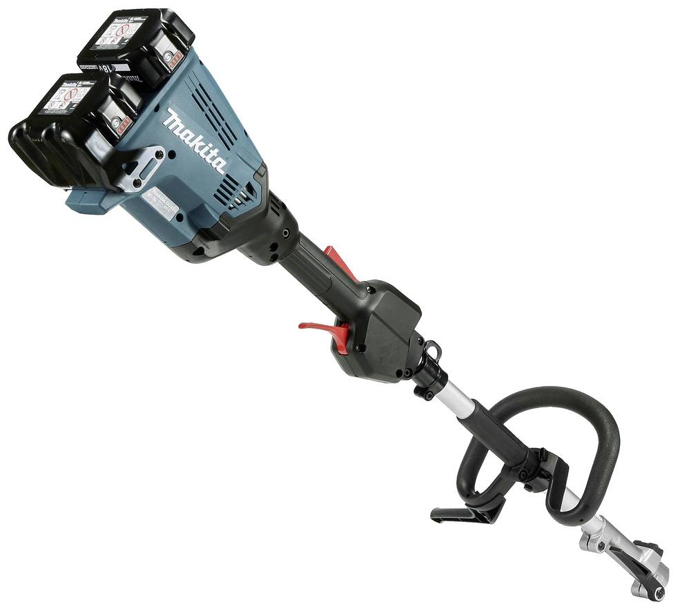 Handheld Makita tool with a blue cover and two black batteries, red lever, and round grip, likely a gardening implement.