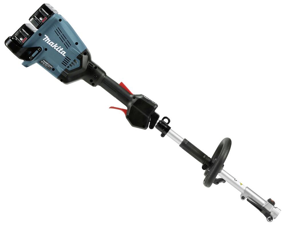 A blue, cordless lawn trimmer with a black handle and red safety lever. Two batteries attached on the left side.