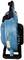 Blue leaf blower in side view with ergonomic handle. Safety stickers and warning symbols visible on the left side.