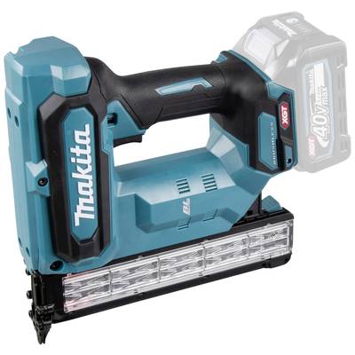 A cordless nail gun by the brand 'Makita', equipped with a 40V Max XGT battery. The device is finished in a light blue colour.