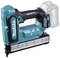 A cordless nail gun by the brand 'Makita', equipped with a 40V Max XGT battery. The device is finished in a light blue colour.