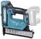 Cordless nail gun by Makita in turquoise and black, with visible magazine and attached battery. 40V, XGT model for construction work.