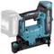 A cordless, blue and black battery nailer by Makita, showing the position and orientation of the battery on the back.