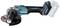 Battery-powered angle grinder by Makita in blue and black with disc, handle and visible battery connection.