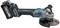 Cordless angle grinder with a blue and black design, featuring a side handle and a rotating grinding disc for metalworking.