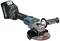 Cordless angle grinder with ergonomic handle, Makita label on handle and disc. This power tool is used for grinding.