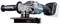 Battery-powered angle grinder in close-up. Brand name visible on casing and handle. Device for grinding and cutting work.