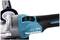 Cordless angle grinder with a blue casing and black handle, bearing the inscription 'Makita BL Motor'. Focus on the switch and handle.