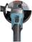 Electric angle grinder, blue-grey, with side-mounted handle, resting on an instruction manual.