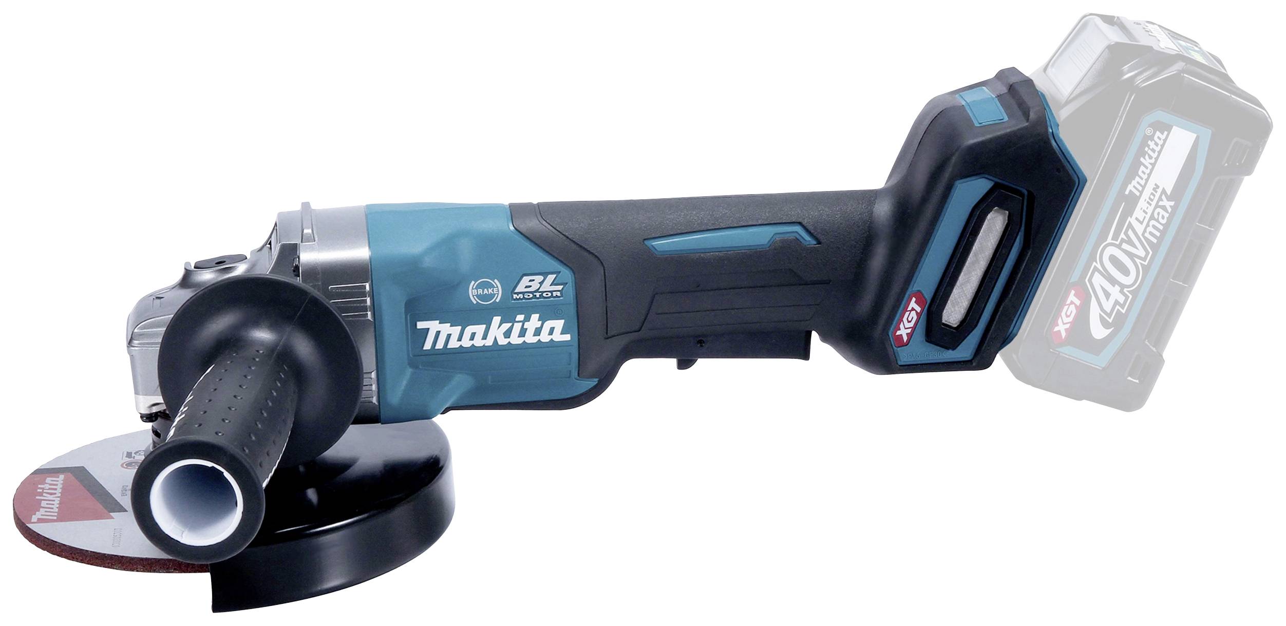 Battery-powered angle grinder in blue and black, side view with handle on the left and battery on the right.