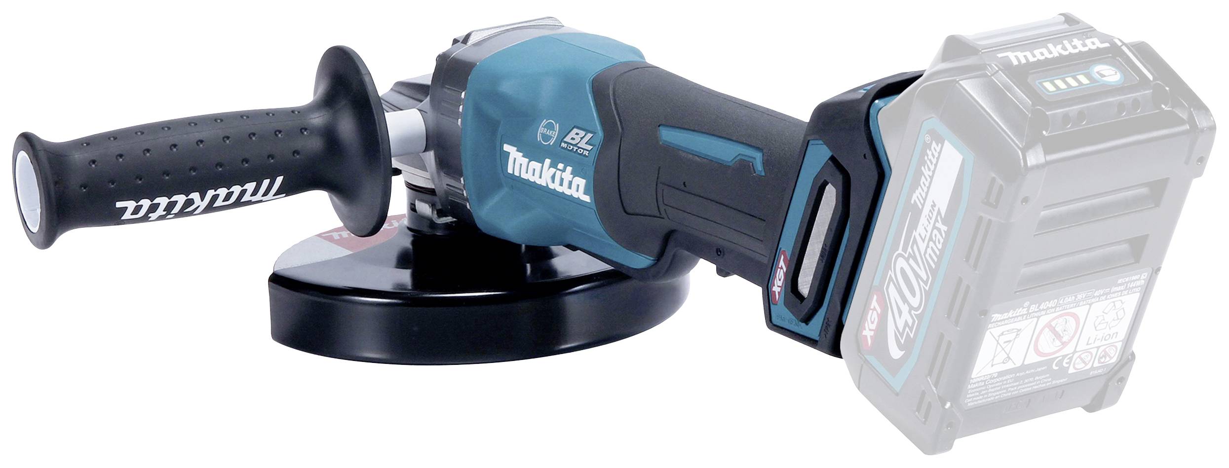 Cordless angle grinder with a blue casing, black handle, and attachment. Battery area is greyed out. Brand name visible.