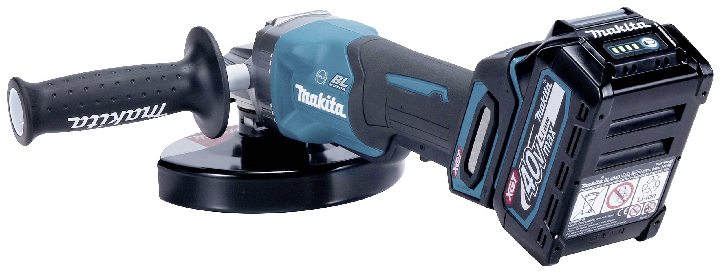 Cordless angle grinder with ergonomic handle, black grinding disc, blue motor housing and attached battery.