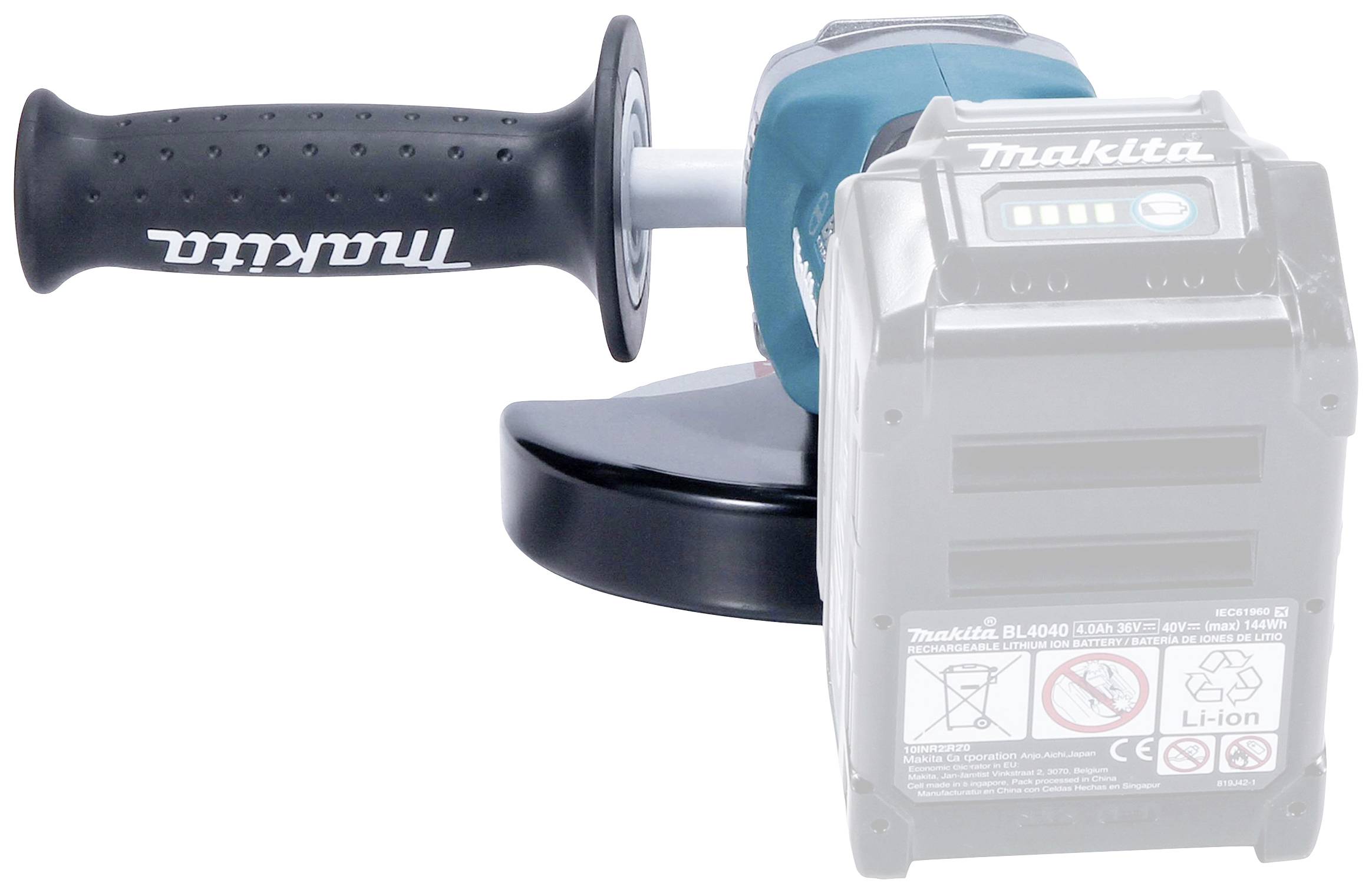 A cordless angle grinder with side handle and Makita logo. The device has a dust cover and is suitable for various grinding tasks.