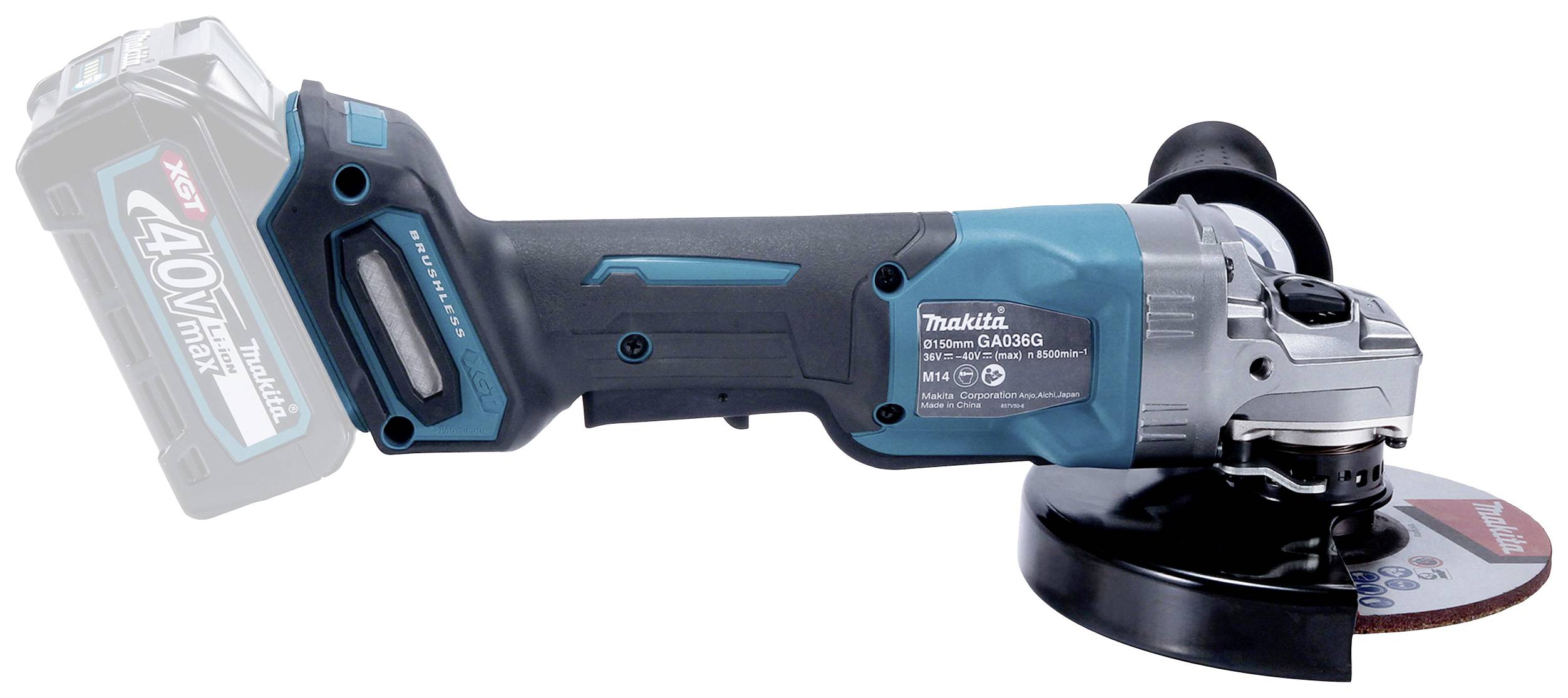 Battery-powered angle grinder with blue-black housing, metal head and handle. Inscription shows model 'GA013G'.
