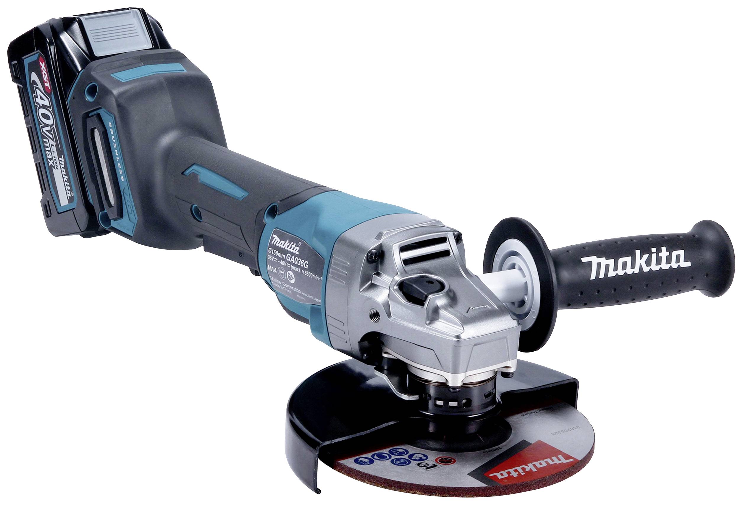 Battery-powered angle grinder in black and blue with Makita logo on the handle, suitable for grinding and cutting work.