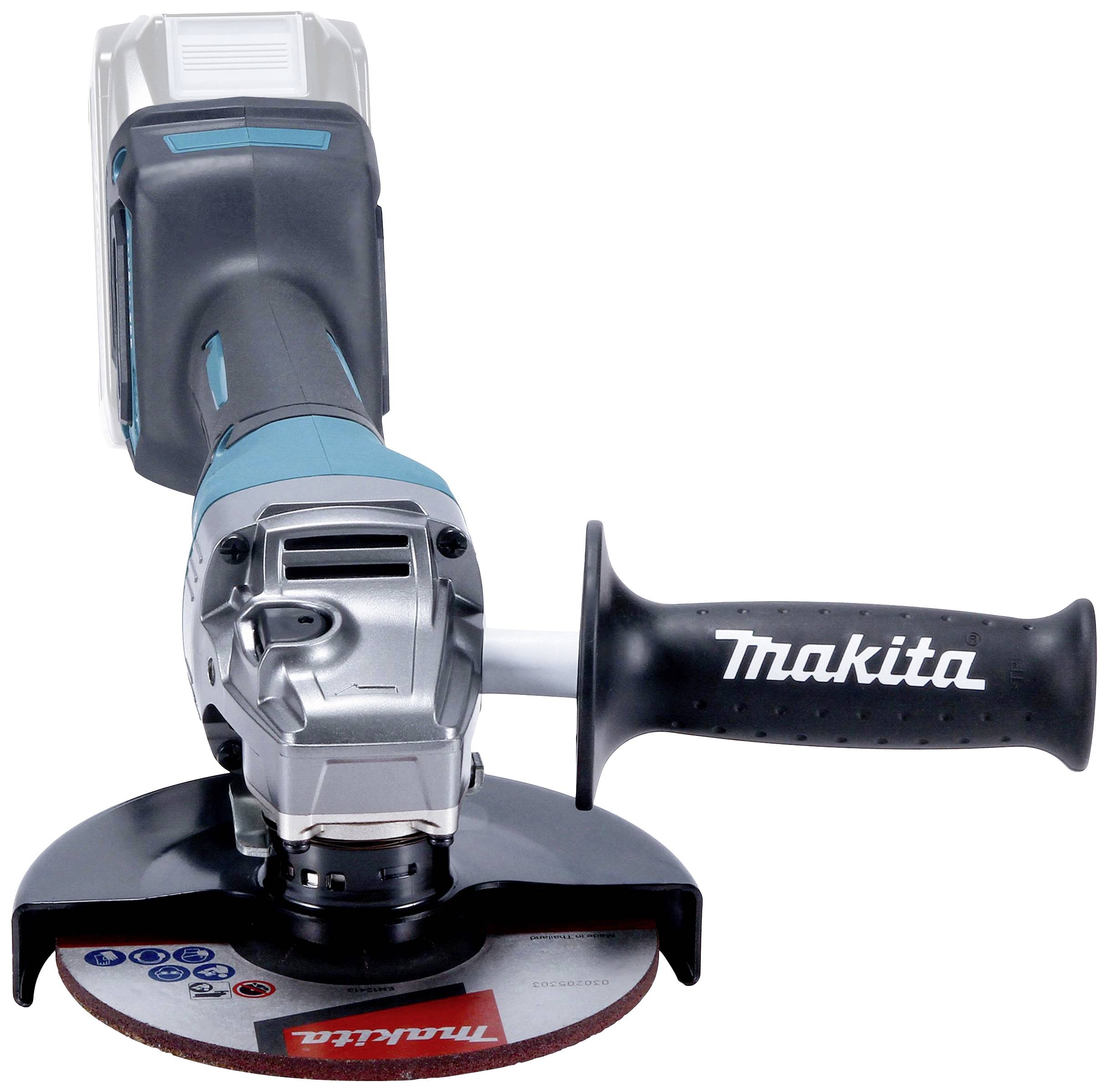 A cordless angle grinder with an ergonomic handle and a cutting disc, suitable for cutting work in metal and stone.